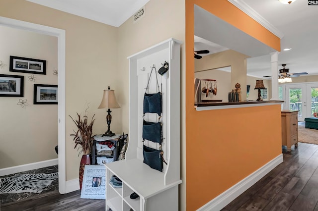 mudroom featuring french doors, ceiling fan, and dark hardwood / wood-style floors