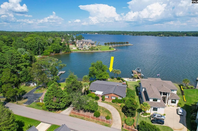 bird's eye view featuring a water view and a residential view