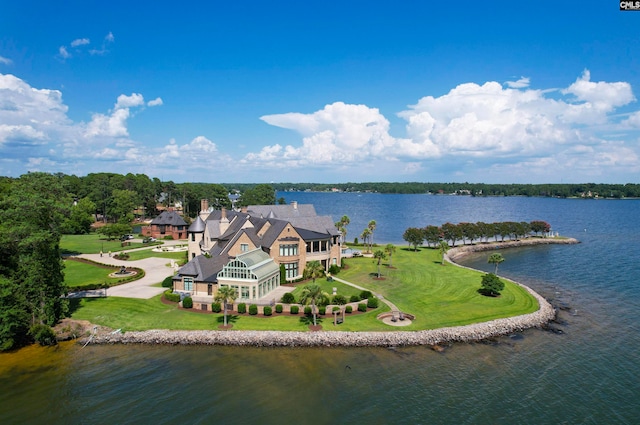 aerial view featuring a water view