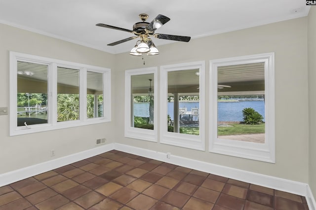 unfurnished sunroom with visible vents, ceiling fan, and a water view