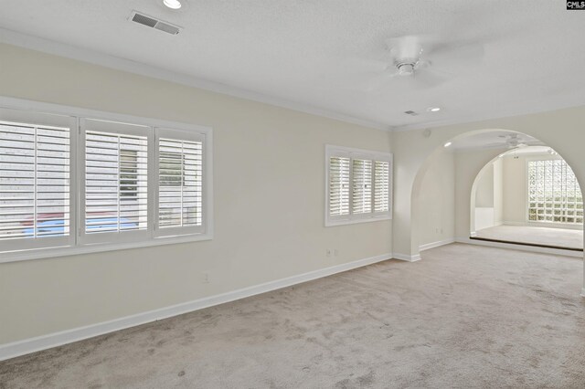 interior space with carpet, ornamental molding, and ceiling fan