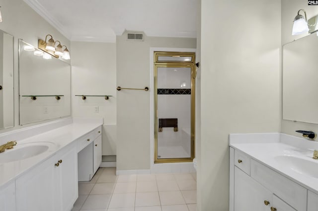 bathroom with ornamental molding, visible vents, a sink, and a shower stall