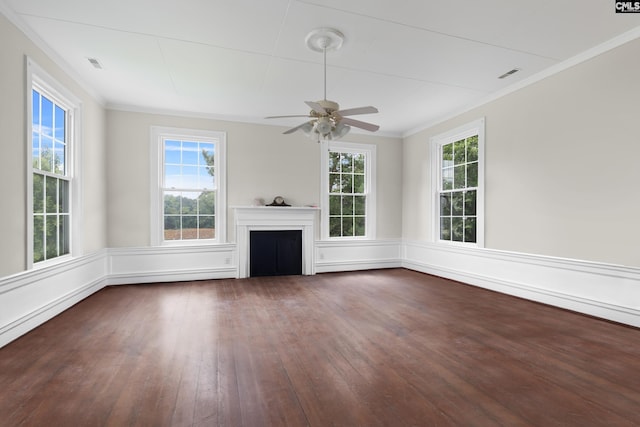 unfurnished living room featuring ornamental molding, dark hardwood / wood-style floors, and ceiling fan