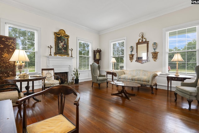 living room featuring ornamental molding, dark hardwood / wood-style floors, and a wealth of natural light