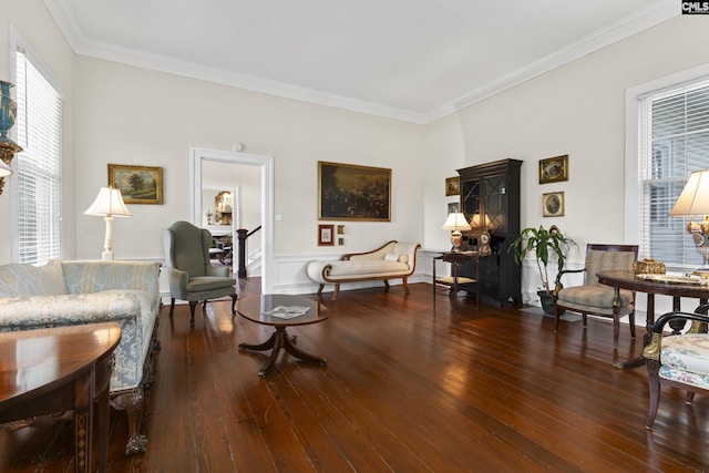 living area featuring dark hardwood / wood-style flooring and ornamental molding