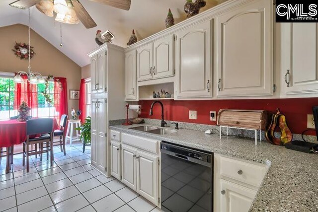 kitchen with white cabinetry, ceiling fan, sink, dishwasher, and light tile patterned floors