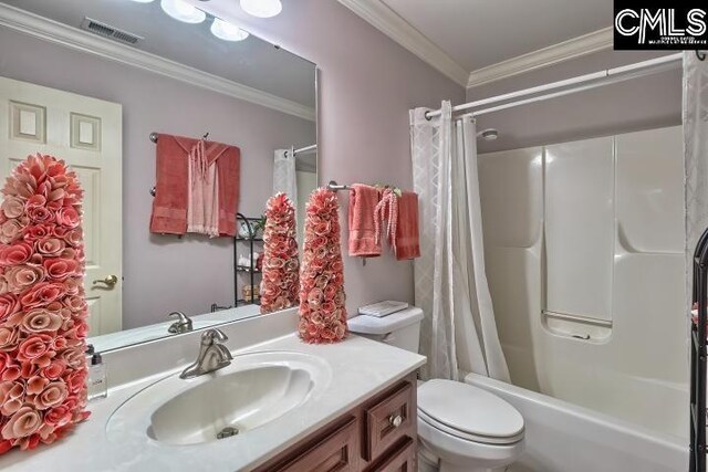 full bathroom with shower / bath combo, toilet, vanity, and ornamental molding