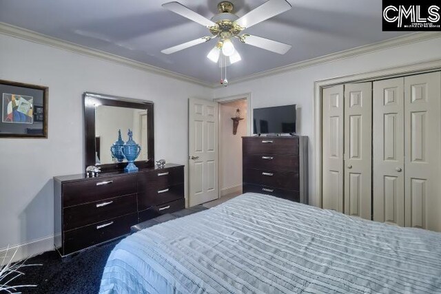 carpeted bedroom with ceiling fan, ornamental molding, and a closet