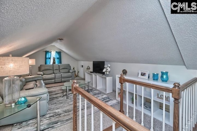 interior space with a textured ceiling and lofted ceiling