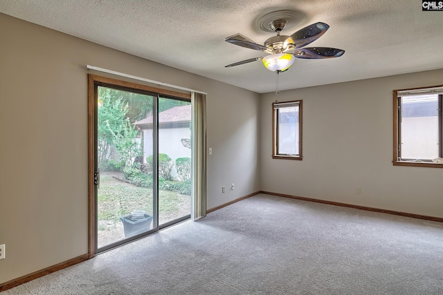 spare room with carpet flooring, a wealth of natural light, a textured ceiling, and ceiling fan