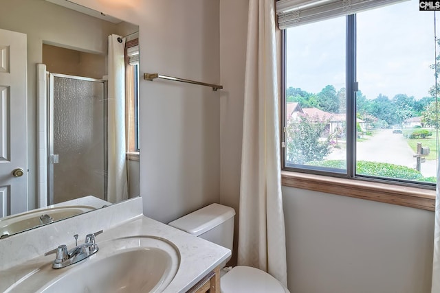 bathroom featuring vanity, toilet, and walk in shower