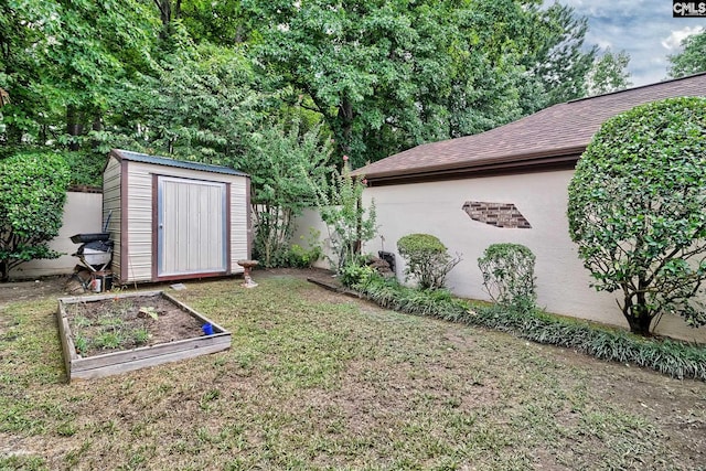 view of yard with a storage unit