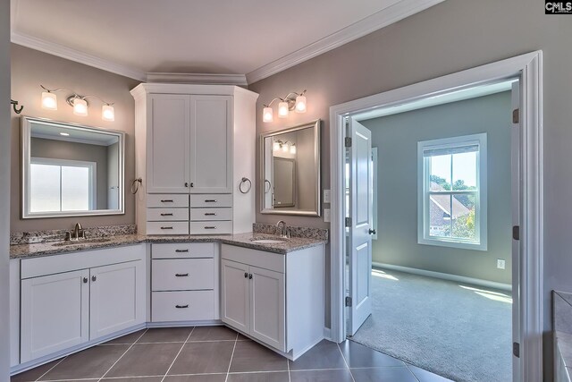 bathroom with tile patterned floors, crown molding, and dual bowl vanity