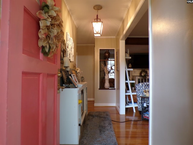 foyer entrance featuring wood-type flooring and ornamental molding