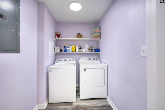 clothes washing area featuring hardwood / wood-style floors, washer and clothes dryer, and electric panel