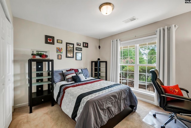 carpeted bedroom with a closet