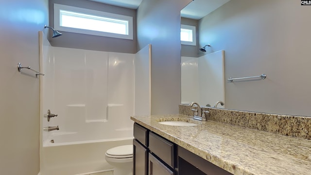 full bathroom featuring shower / bath combination, vanity, a towering ceiling, and toilet