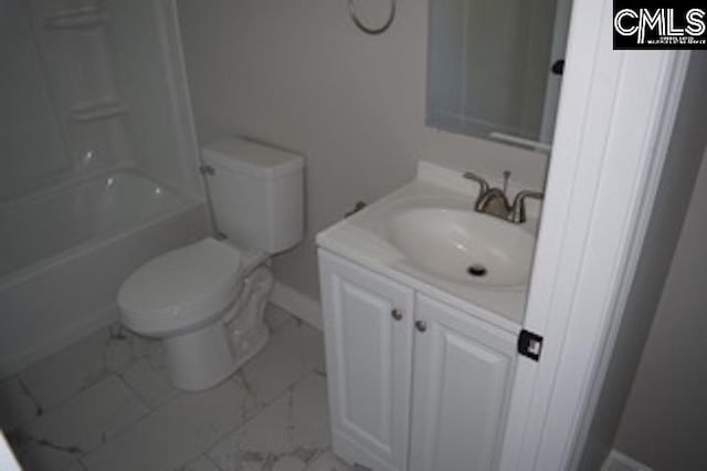 full bathroom with washtub / shower combination, toilet, tile patterned floors, and vanity