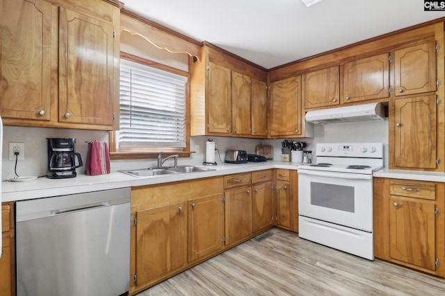 kitchen with under cabinet range hood, electric range, a sink, brown cabinets, and dishwasher