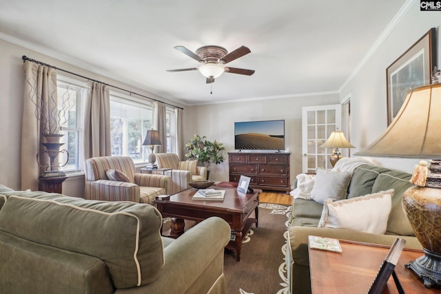 living area featuring ceiling fan, crown molding, and wood finished floors