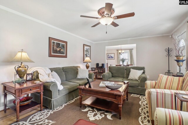 living room featuring ceiling fan with notable chandelier, crown molding, and wood finished floors