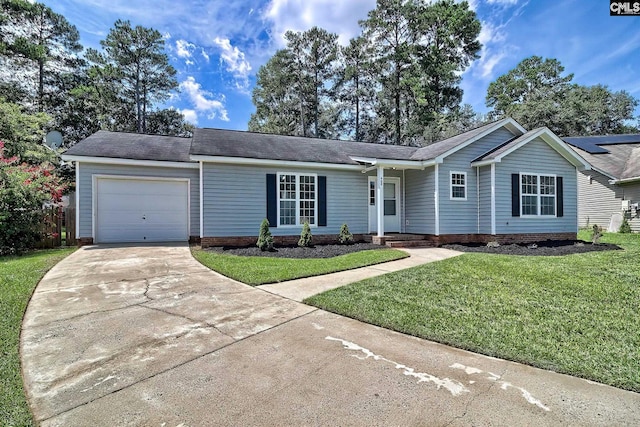 single story home with a garage and a front yard