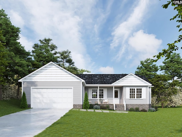 ranch-style house with covered porch, a garage, and a front lawn