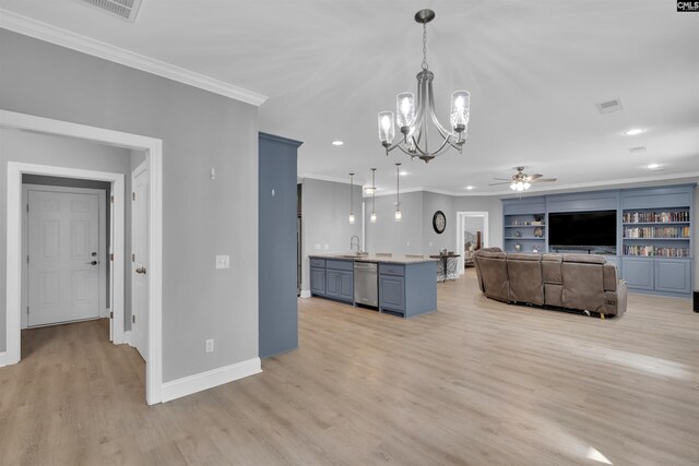 kitchen with ceiling fan with notable chandelier, built in features, stainless steel dishwasher, light hardwood / wood-style flooring, and decorative light fixtures