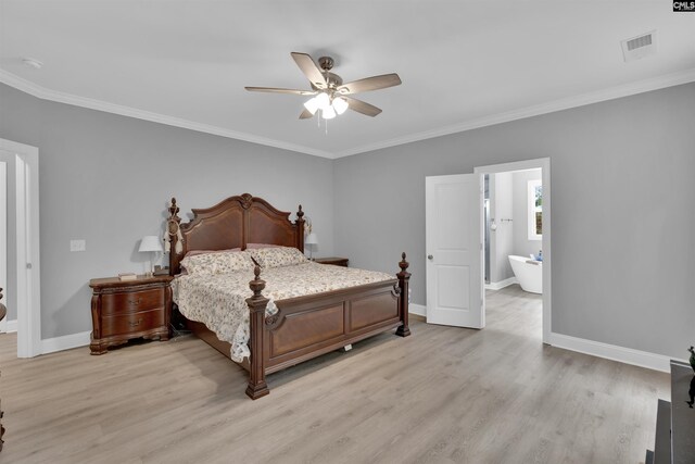 bedroom featuring ceiling fan, connected bathroom, and light hardwood / wood-style floors