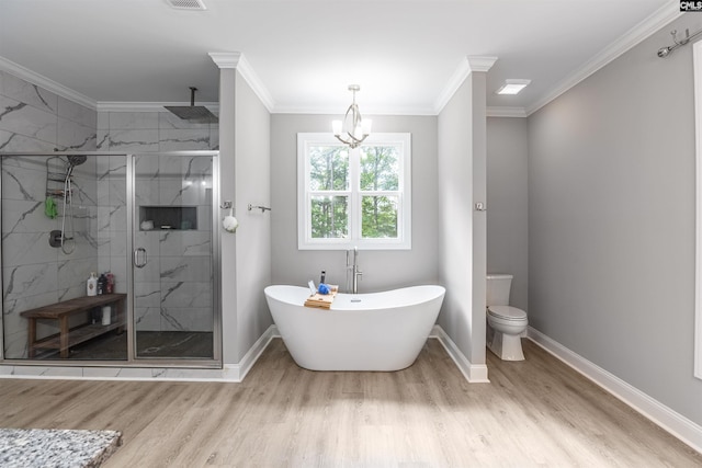 bathroom featuring walk in shower, a chandelier, hardwood / wood-style flooring, and toilet