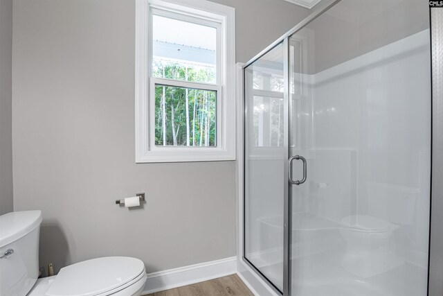 bathroom featuring wood-type flooring, walk in shower, and toilet