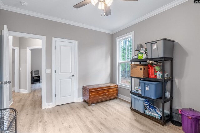 interior space with ceiling fan