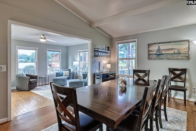 dining area featuring ceiling fan, light wood-type flooring, a healthy amount of sunlight, and lofted ceiling with beams