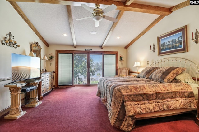 bedroom with vaulted ceiling with beams, dark carpet, a ceiling fan, a textured ceiling, and access to outside