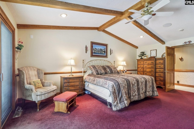 carpeted bedroom with vaulted ceiling with beams, visible vents, and a ceiling fan