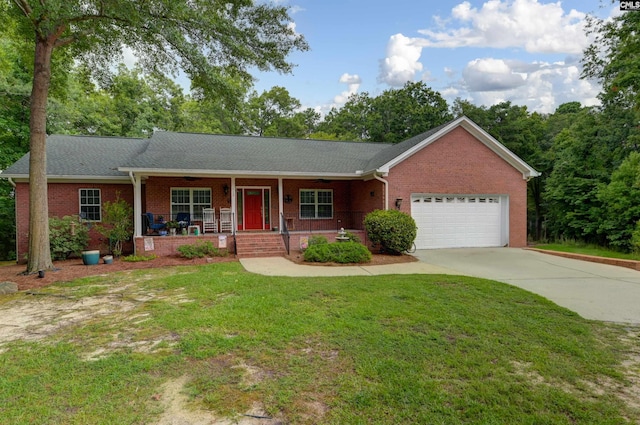 ranch-style house featuring covered porch, brick siding, driveway, a front lawn, and an attached garage