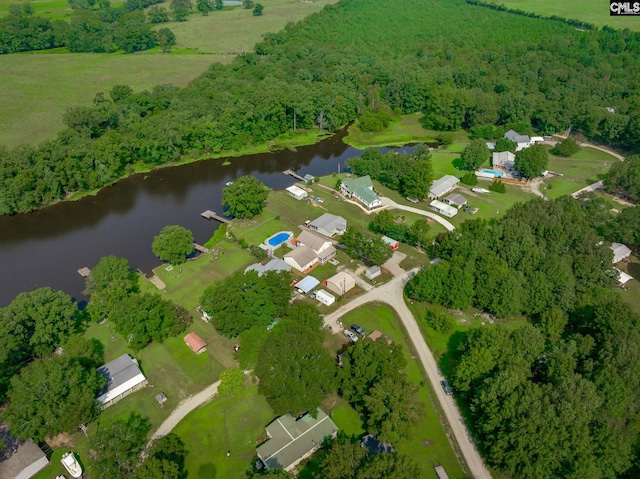 birds eye view of property featuring a water view and a wooded view