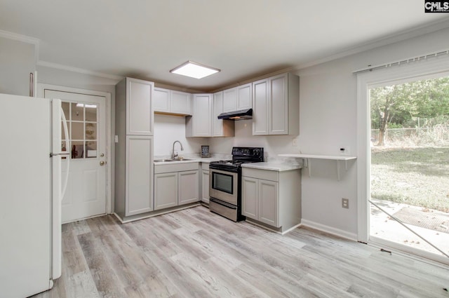 kitchen with sink, white refrigerator, electric range, light hardwood / wood-style flooring, and gray cabinets