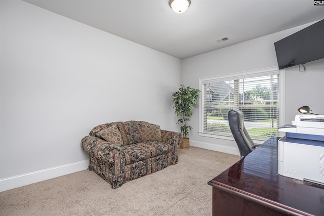 office space featuring light carpet and baseboards