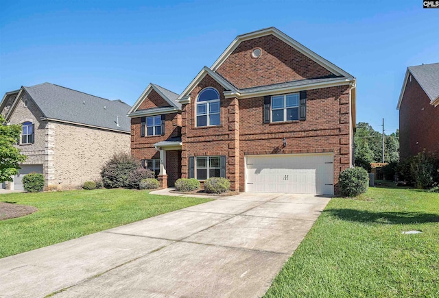 traditional home featuring a garage, concrete driveway, brick siding, and a front yard