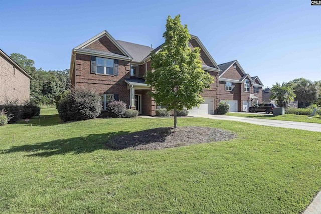 view of front of property featuring a garage, concrete driveway, brick siding, and a front lawn