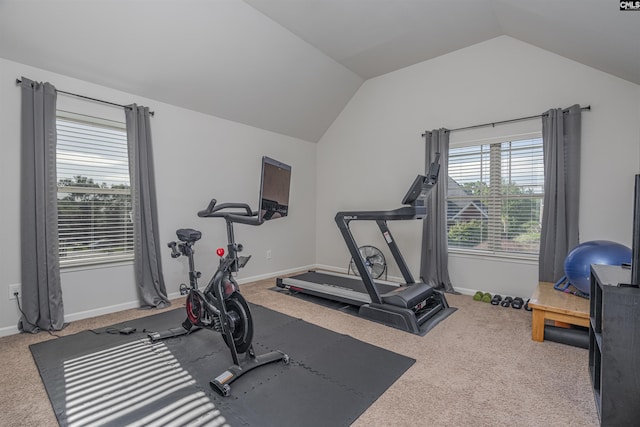 workout room with lofted ceiling, carpet, and baseboards