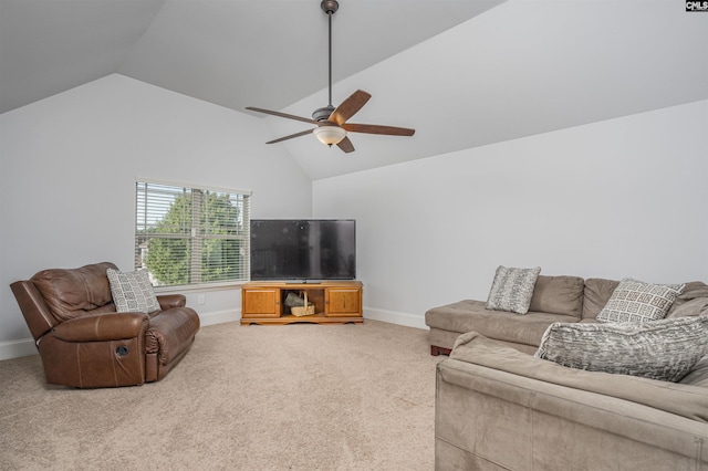 carpeted living area with vaulted ceiling, baseboards, and ceiling fan