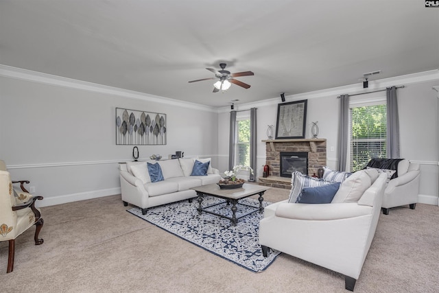 living area with light carpet, crown molding, and a stone fireplace