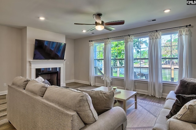 living room featuring ceiling fan and hardwood / wood-style floors