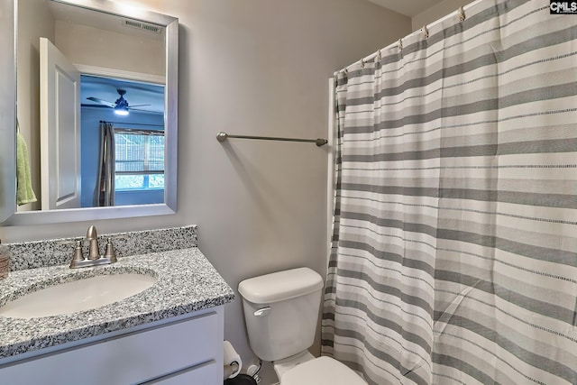 bathroom featuring ceiling fan, toilet, and vanity