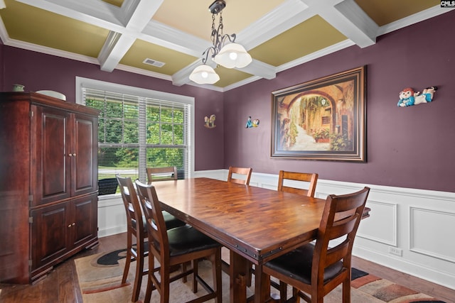 dining area featuring beam ceiling, ornamental molding, dark hardwood / wood-style floors, coffered ceiling, and a notable chandelier