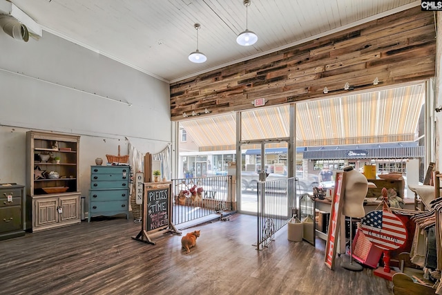 misc room featuring wooden walls, ornamental molding, and wood-type flooring