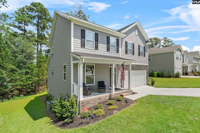 view of front of home with a garage, a front lawn, a porch, and central AC