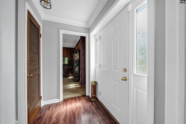 interior space with dark wood-style floors, a textured ceiling, and crown molding